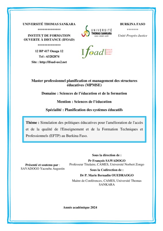 Simulation des politiques éducatives pour l'amélioration de l'accès et de la qualité de l'Enseignement et de la Formation Techniques et Professionnels (EFTP) au Burkina Faso.