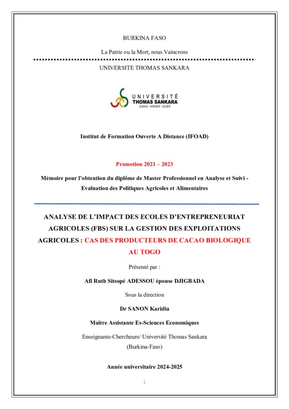 Analyse de l’impact des écoles d’entrepreneuriat agricoles (FBS) sur la gestion des exploitations agricoles : cas des producteurs de cacao biologique au Togo