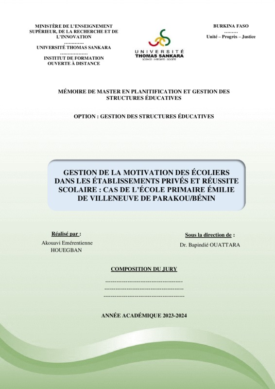 Gestion de la motivation des écoliers dans les établissements privés et réussite scolaire : cas de l’école primaire Émilie de Villeneuve de Parakou /Bénin