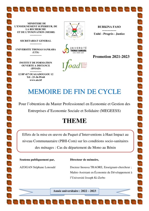 Effets de la mise en œuvre du Paquet d’Interventions à Haut Impact au niveau Communautaire (PIHI-Com) sur les conditions socio-sanitaires des ménages : Cas du département du Mono au Bénin