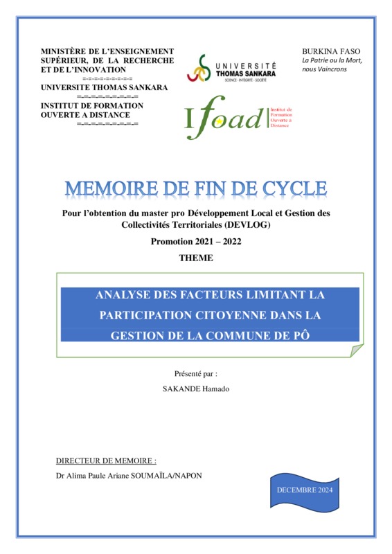 Analyse des facteurs limitant la participation citoyenne dans la gestion de la commune de Pô