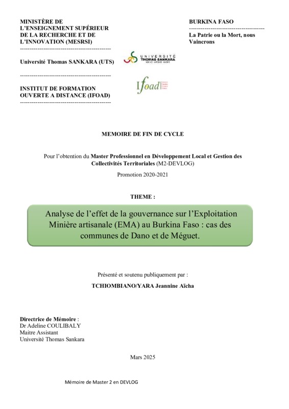 Analyse de l’effet de la gouvernance sur l’Exploitation <br /><br />
Minière artisanale (EMA) au Burkina Faso : cas des communes de Dano et de Méguet.
