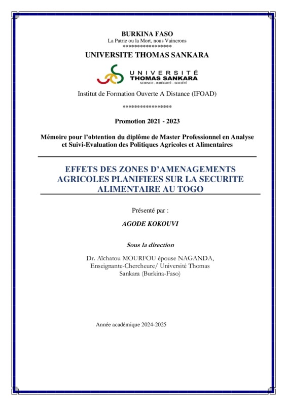EFFETS DES ZONES D’AMENAGEMENTS AGRICOLES PLANIFIEES SUR LA SECURITE ALIMENTAIRE AU TOGO