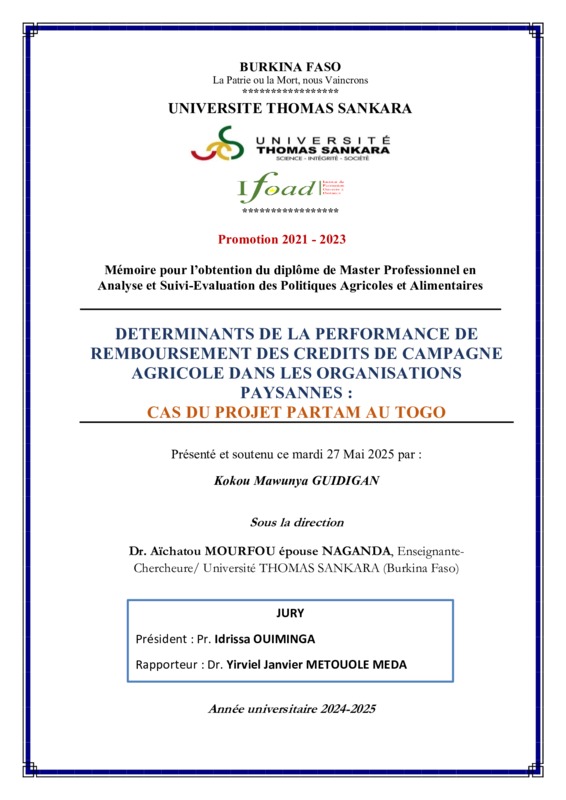 Déterminants de la performance de remboursement des crédits de campagne agricole dans les organisations paysannes : cas du projet PARTAM au Togo
