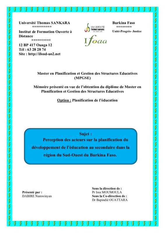 Perception des acteurs sur la planification du développement de l’éducation au secondaire dans la région du Sud-Ouest du Burkina Faso