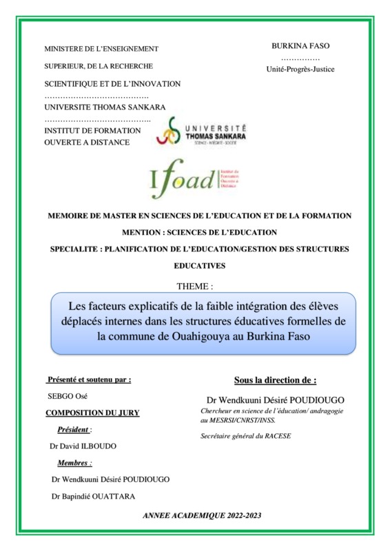 Les facteurs explicatifs de la faible intégration des élèves déplacés internes dans les structures éducatives formelles de la commune de Ouahigouya au Burkina Faso