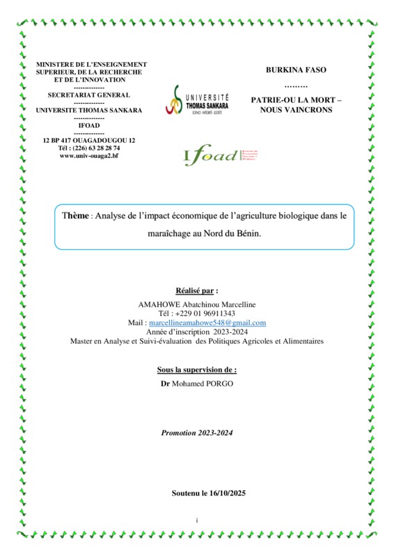 Analyse de l’impact économique de l’agriculture biologique dans le maraîchage au Nord du Bénin.