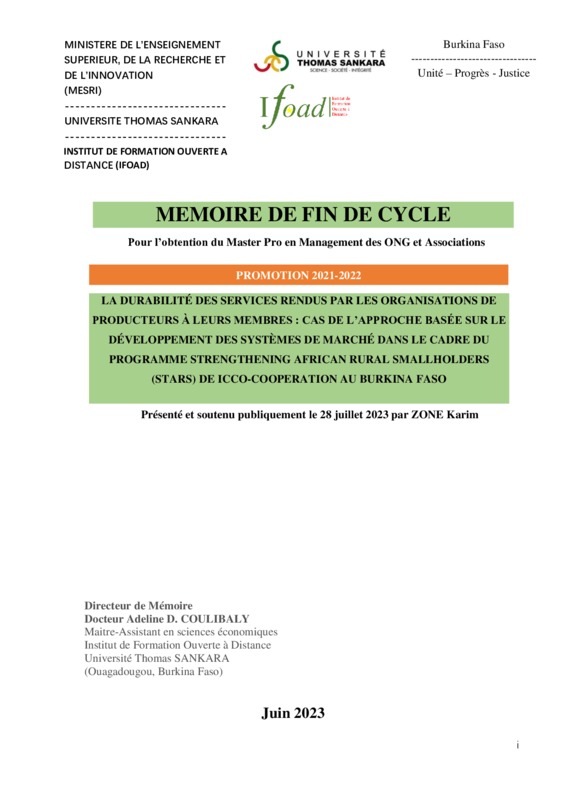 La durabilité des services rendus par les organisations de producteurs à leurs membres : cas de l'approche basée sur le développement des systèmes de marché dans le cadre du programme strengthening african rural smallholders (STARS) de Icco-Cooperation au Burkina Faso