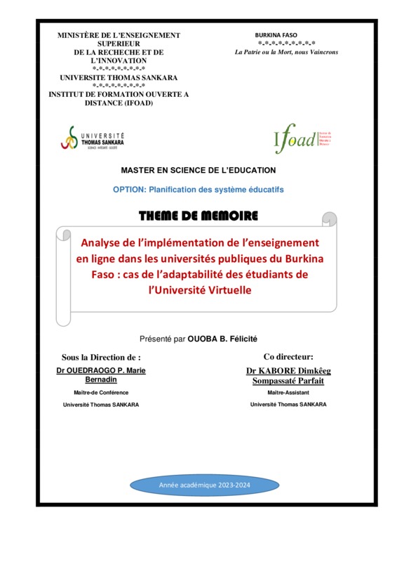 Analyse de l’implémentation de l’enseignement en ligne dans les universités publiques du Burkina Faso : cas de l’adaptabilité des étudiants de l’Université Virtuelle