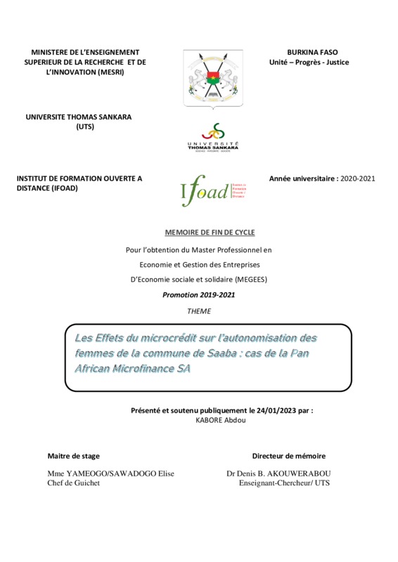 Les effets du microcrédit sur l'autonomisation des femmes de la commune de Saaba : cas de la PAN African Microfinance SA