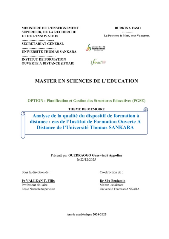 Analyse de la qualité du dispositif de formation à distance : cas de l’Institut de Formation Ouverte A Distance de l’Université Thomas SANKARA