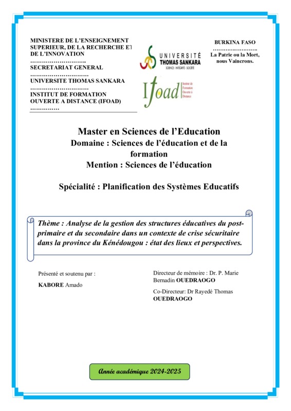 Analyse de la gestion des structures éducatives du postprimaire<br /><br />
et du secondaire dans un contexte de crise sécuritaire<br /><br />
dans la province du Kénédougou : état des lieux et perspectives.